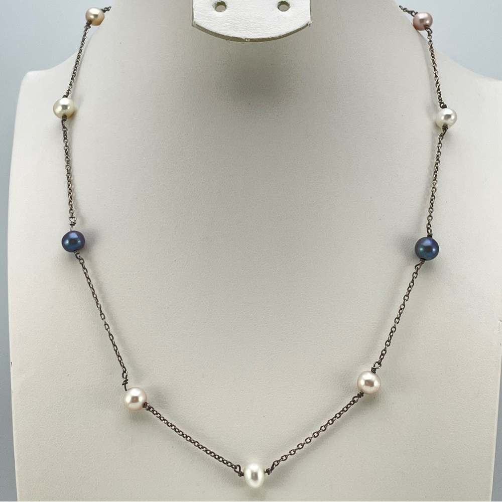 Dainty Sterling Silver Station Necklace with Multicolor Freshwater